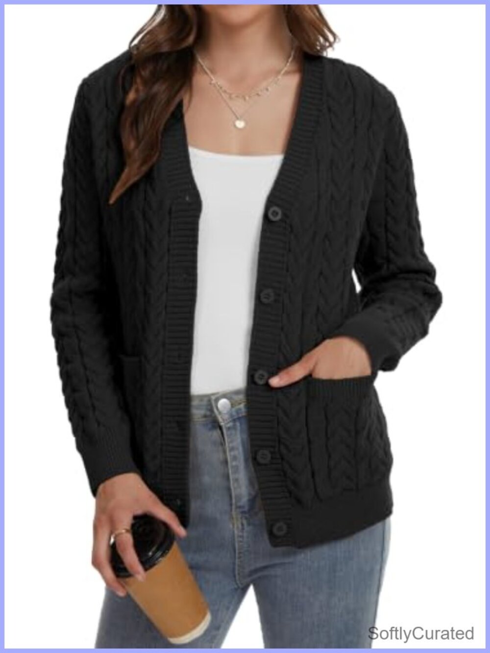 Cable Knit Open Front Cardigan Sweater Button Up V Neck Chunky with Pockets